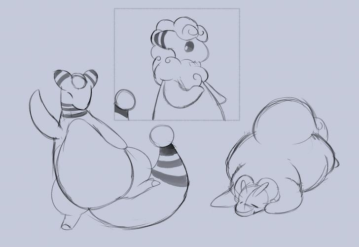 drawings of three pokemon. from left to right: an ampharos, standing on one leg and waving; a side profile of a flaaffy; a tired goodra laying flat on the ground.